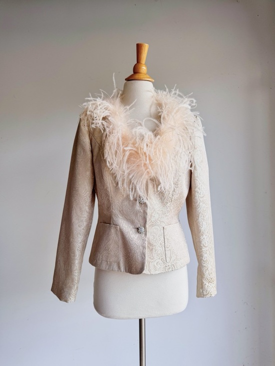 Victor Costa Feather Trim Brocade Jacket Ivory Champagne Embellished Size 8 - Picture 2 of 8